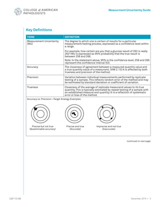 3
CAP 15189
Measurment Uncertainty Guide
December, 2015 •
Key Definitions
TERM DEFINITION
Measurement Uncertainty
(MU)
The degree to which one is certain of results for a particular
measurement/testing process, expressed as a confidence level within
a range.
For example, how certain are you that a glucose result of 262 is really
262? MU is expressed as 95% probability that the true result is
between 258 and 266.
Note: In the statement above, 95% is the confidence level; 258 and 266
represent the confidence interval (CI).
Accuracy The closeness of agreement between a measured quantity value and
a true quantity value of a measurand. (VIM 2.13) It is affected by both
trueness and precision of the method.
Precision Variation between individual measurements performed by replicate
testing of a sample. This reflects random error of the method and may
be estimated by standard deviation or coefficient of variation.
Trueness Closeness of the average of replicate measurand values to its true
quantity. This is typically estimated by repeat testing of a sample with
an established measure and quantity. It is a reflection of systematic
error or bias of the method.
Accuracy vs. Precision—Target Analogy Examples:
­
(continued on next page)
Precise but not true
(Questionable accuracy)
Precise and true
(Accurate)
Imprecise and not true
(Inaccurate)
 