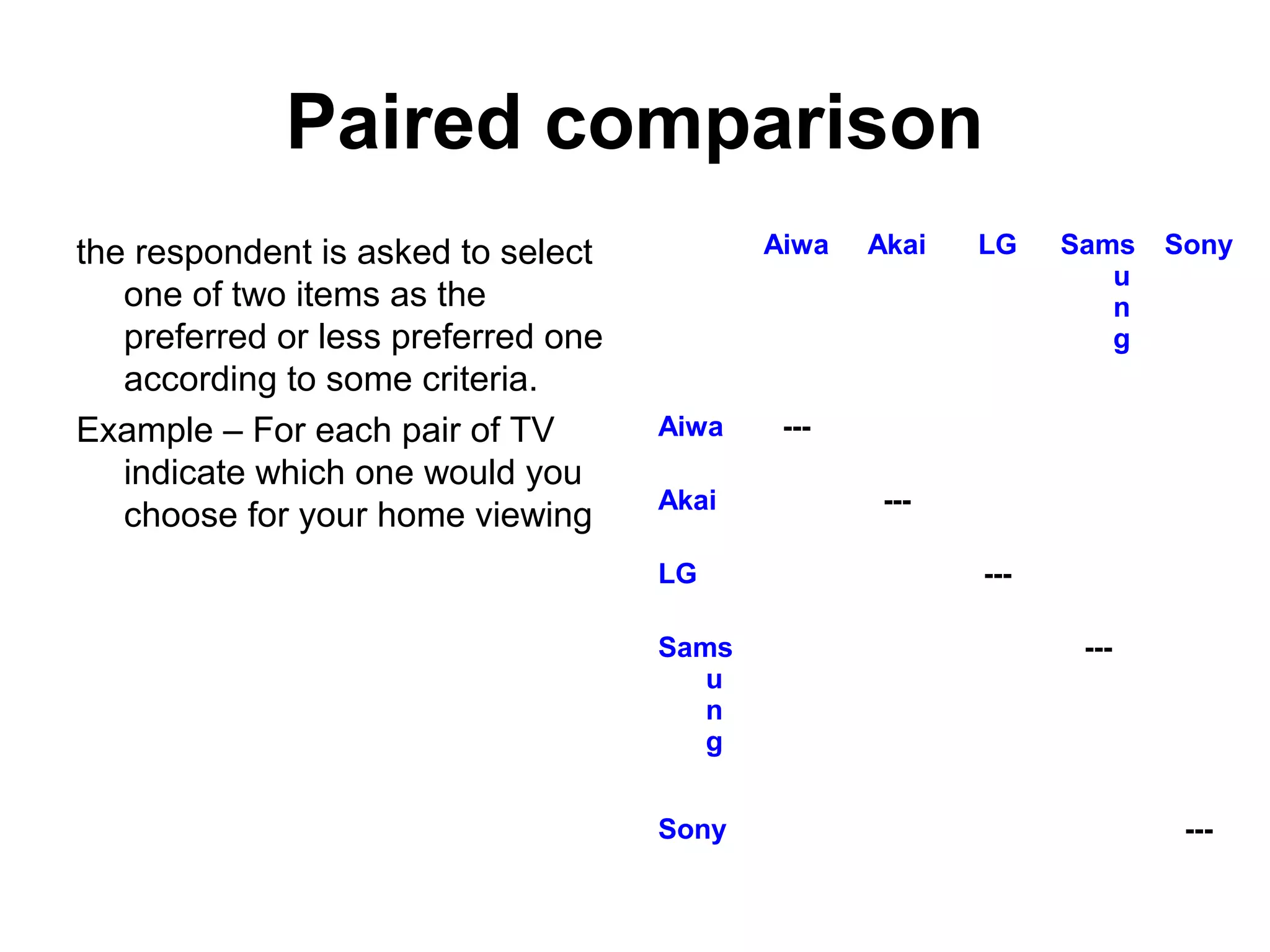 Paired comparison
the respondent is asked to select           Aiwa   Akai   LG    Sams   Sony
                                                                   u
   one of two items as the                                         n
   preferred or less preferred one                                 g
   according to some criteria.
Example – For each pair of TV        Aiwa    ---
   indicate which one would you
                                     Akai           ---
   choose for your home viewing
                                     LG                   ---

                                     Sams                        ---
                                        u
                                        n
                                        g


                                     Sony                               ---
 