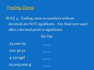 Trailing Zeros
RULE 4. Trailing zeros in numbers without
decimals are NOT significant. Any final zero used
after a decimal point is significant.
Sig Figs
25,000 in. ____
200.30 yr ____
4.320 gal ____
25,005,000 g ____
 