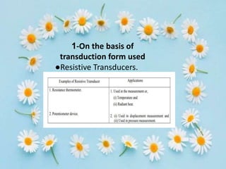 1-On the basis of
transduction form used
●Resistive Transducers.
 