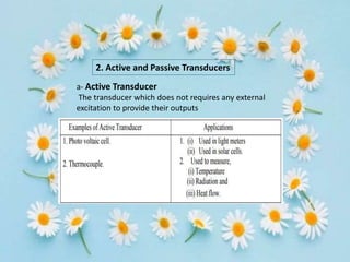 2. Active and Passive Transducers
a- Active Transducer
The transducer which does not requires any external
excitation to provide their outputs
 
