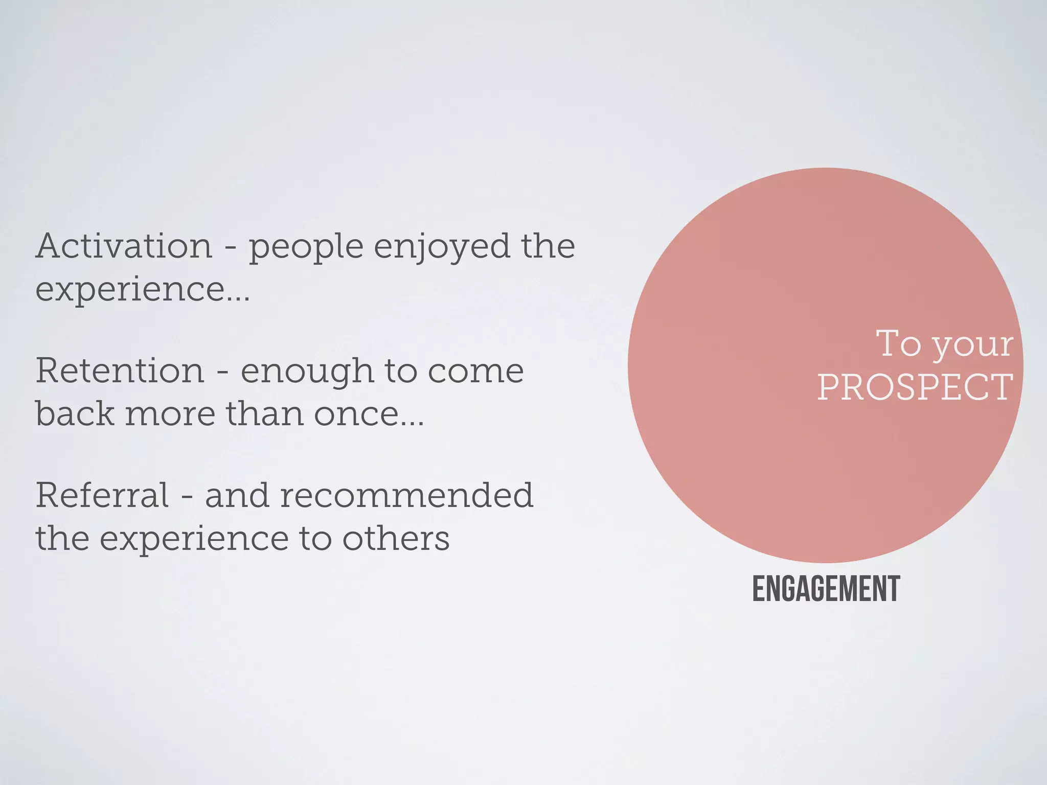 Activation - people enjoyed the
experience...
                                        To your
Retention - enough to come            PROSPECT
back more than once...

Referral - and recommended
the experience to others
                                  ENGAGEMENT
 