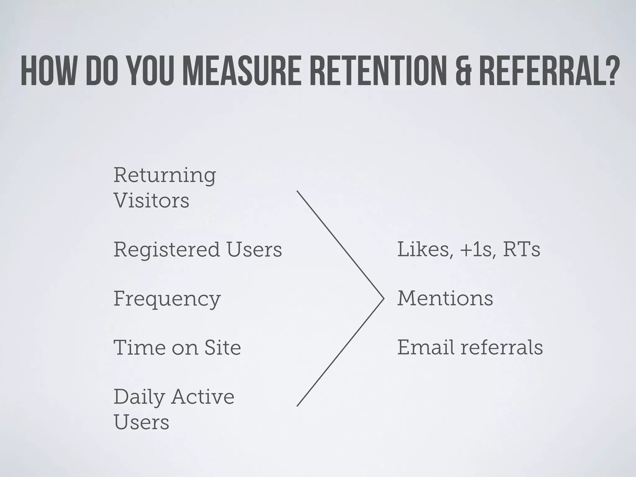 HOW DO YOU MEASURE RETENTION & REFERRAL?

      Returning
      Visitors

      Registered Users   Likes, +1s, RTs

      Frequency          Mentions

      Time on Site       Email referrals

      Daily Active
      Users
 