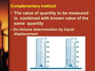 Complementary method
• The value of quantity to be measured
is combined with known value of the
same quantity
– Ex:Volume determination by liquid
displacement
 