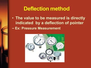 Deflection method
• The value to be measured is directly
indicated by a deflection of pointer
– Ex: Pressure Measurement
 