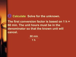 Calculate Solve for the unknown.
The first conversion factor is based on 1 h =
60 min. The unit hours must be in the
denominator so that the known unit will
cancel.
2
60 min
1 h
 