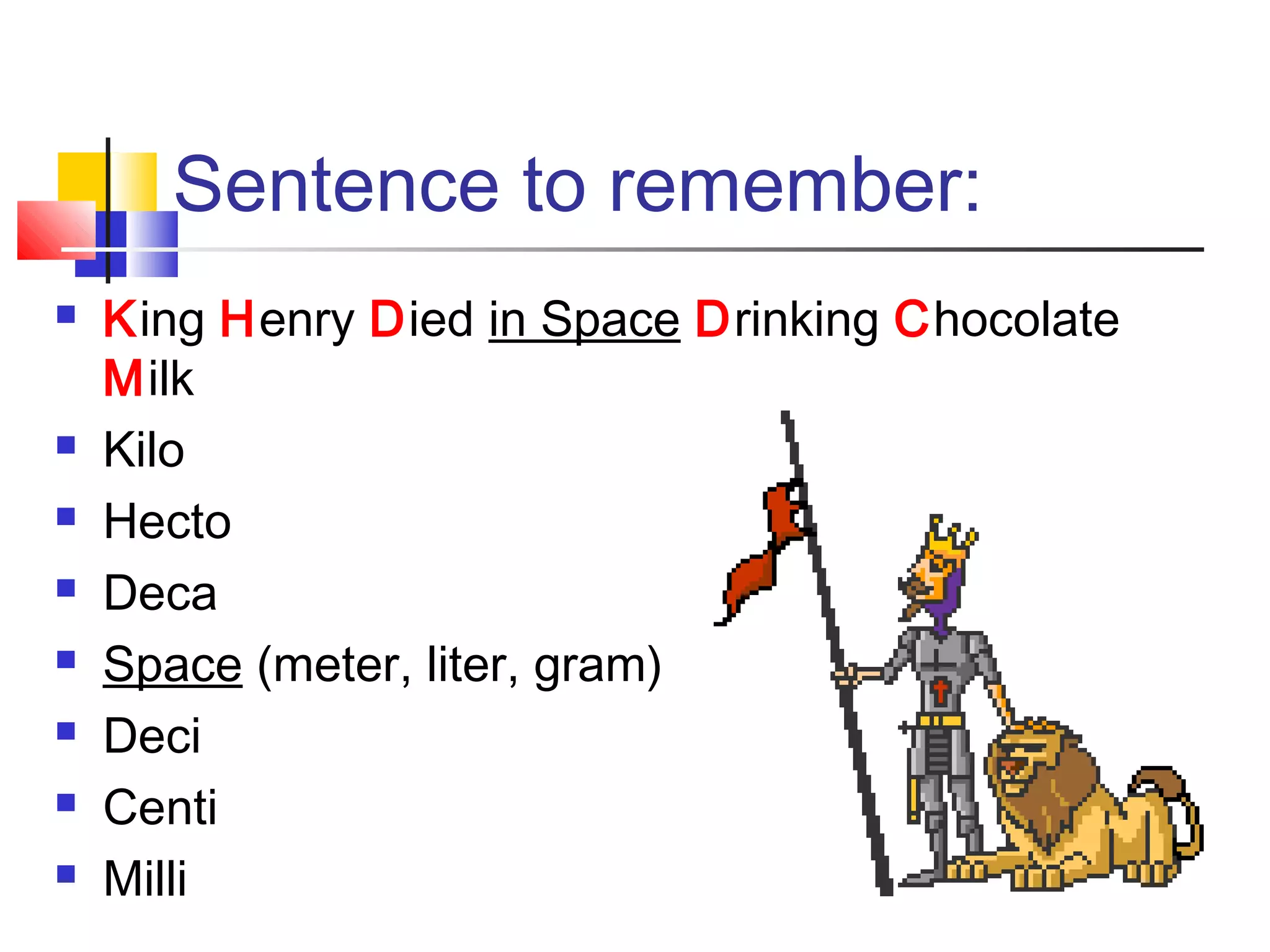 Sentence to remember:
 King Henry Died in Space Drinking Chocolate
Milk
 Kilo
 Hecto
 Deca
 Space (meter, liter, gram)
 Deci
 Centi
 Milli
 