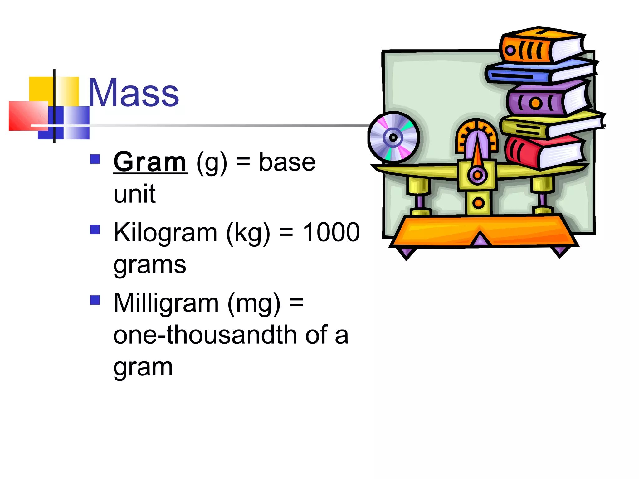 Mass
 Gram (g) = base
unit
 Kilogram (kg) = 1000
grams
 Milligram (mg) =
one-thousandth of a
gram
 