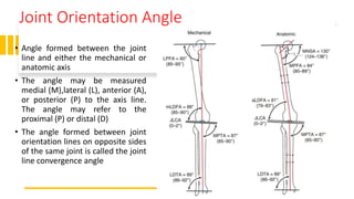 Joint Orientation Angle
• Angle formed between the joint
line and either the mechanical or
anatomic axis
• The angle may be measured
medial (M),lateral (L), anterior (A),
or posterior (P) to the axis line.
The angle may refer to the
proximal (P) or distal (D)
• The angle formed between joint
orientation lines on opposite sides
of the same joint is called the joint
line convergence angle
 