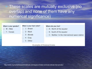 • These scales are mutually exclusive (no
overlap) and none of them have any
numerical significance)

http://www.mymarketresearchmethods.com/types-of-data-nominal-ordinal-interval-ratio/

 