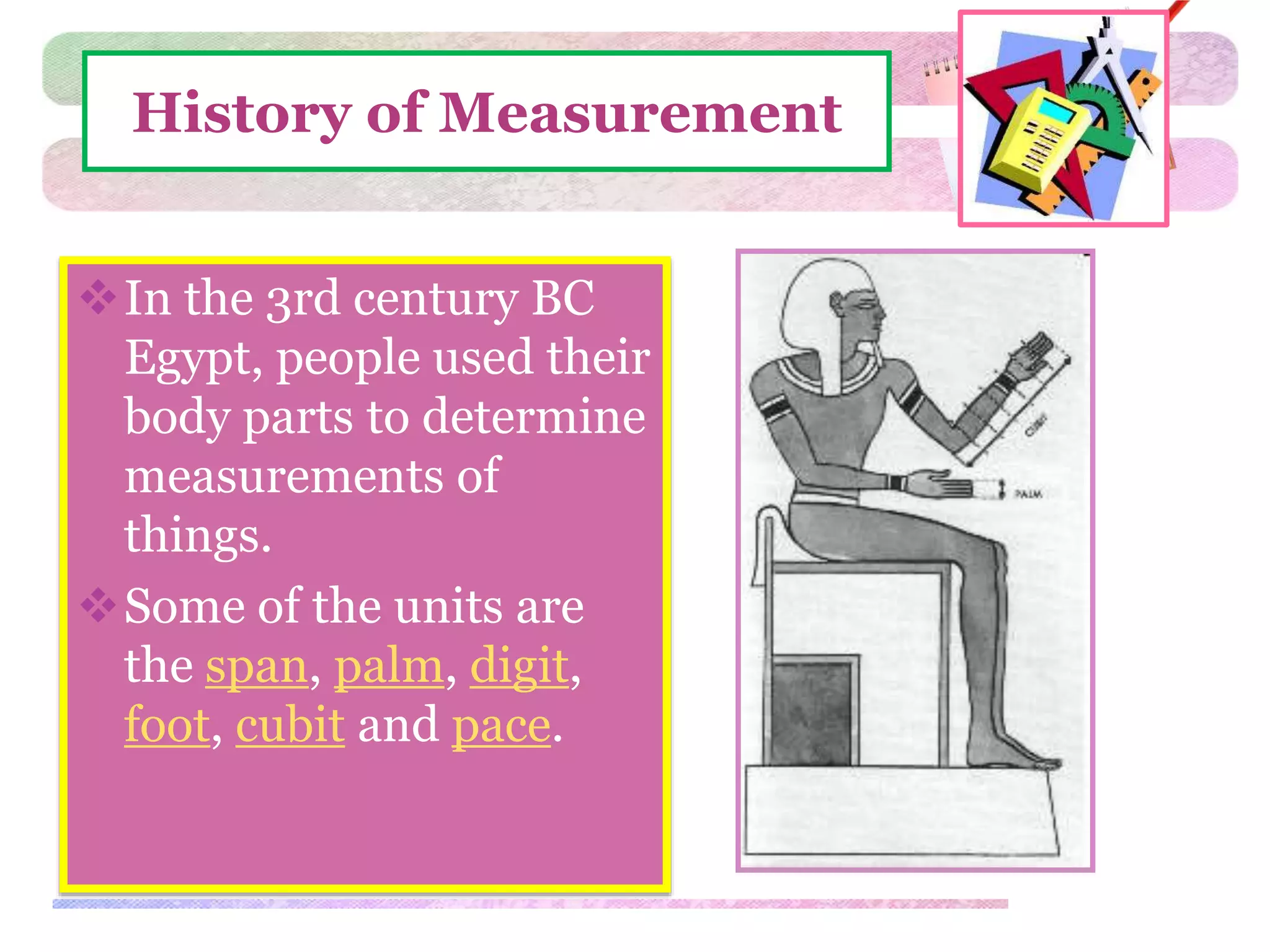 History of Measurement 
In the 3rd century BC 
Egypt, people used their 
body parts to determine 
measurements of 
things. 
Some of the units are 
the span, palm, digit, 
foot, cubit and pace. 
 