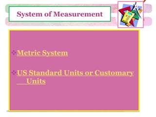 System of Measurement 
Metric System 
US Standard Units or Customary 
Units 
 
