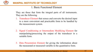 MANIPAL INSTITUTE OF TECHNOLOGY
Department of Mechanical & Manufacturing Engineering, MIT, Manipal 17
MANIPAL INSTITUTE OF TECHNOLOGY
1. Basic Functional Element
They are those that form the integral parts of all instruments.
They are the following
1. Transducer Element that senses and converts the desired input
to a more convenient and practicable form to be handled by
the measurement system.
2. Signal Conditioning or Intermediate Modifying Element for
manipulating/processing the output of the transducer in a
suitable form.
3. Data Presentation Element for giving the information about
the measurand or measured variable in the quantitative form.
 