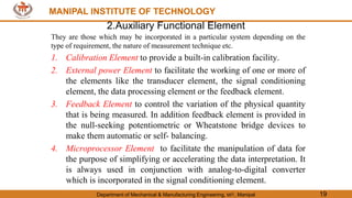 MANIPAL INSTITUTE OF TECHNOLOGY
Department of Mechanical & Manufacturing Engineering, MIT, Manipal 19
MANIPAL INSTITUTE OF TECHNOLOGY
2.Auxiliary Functional Element
They are those which may be incorporated in a particular system depending on the
type of requirement, the nature of measurement technique etc.
1. Calibration Element to provide a built-in calibration facility.
2. External power Element to facilitate the working of one or more of
the elements like the transducer element, the signal conditioning
element, the data processing element or the feedback element.
3. Feedback Element to control the variation of the physical quantity
that is being measured. In addition feedback element is provided in
the null-seeking potentiometric or Wheatstone bridge devices to
make them automatic or self- balancing.
4. Microprocessor Element to facilitate the manipulation of data for
the purpose of simplifying or accelerating the data interpretation. It
is always used in conjunction with analog-to-digital converter
which is incorporated in the signal conditioning element.
 