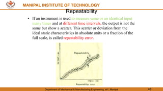 MANIPAL INSTITUTE OF TECHNOLOGY
Department of Mechanical & Manufacturing Engineering, MIT, Manipal 48
MANIPAL INSTITUTE OF TECHNOLOGY
Repeatability
• If an instrument is used to measure same or an identical input
many times and at different time intervals, the output is not the
same but show a scatter. This scatter or deviation from the
ideal static characteristics in absolute units or a fraction of the
full scale, is called repeatability error.
 