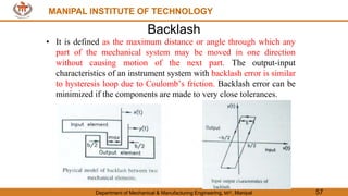 MANIPAL INSTITUTE OF TECHNOLOGY
Department of Mechanical & Manufacturing Engineering, MIT, Manipal 57
MANIPAL INSTITUTE OF TECHNOLOGY
Backlash
• It is defined as the maximum distance or angle through which any
part of the mechanical system may be moved in one direction
without causing motion of the next part. The output-input
characteristics of an instrument system with backlash error is similar
to hysteresis loop due to Coulomb’s friction. Backlash error can be
minimized if the components are made to very close tolerances.
 