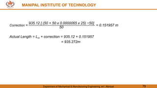 MANIPAL INSTITUTE OF TECHNOLOGY
Department of Mechanical & Manufacturing Engineering, MIT, Manipal 79
MANIPAL INSTITUTE OF TECHNOLOGY
Correction =
935.12 [ (50 + 50 x 0.0000065 x 25) −50]
50
= 0.151957 m
Actual Length = Lm + correction = 935.12 + 0.151957
= 935.272m
 