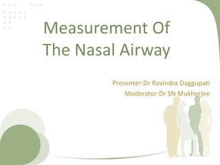 Measurement Of
The Nasal Airway
Presenter:Dr Ravindra Daggupati
Moderator:Dr SN Mukherjee
 