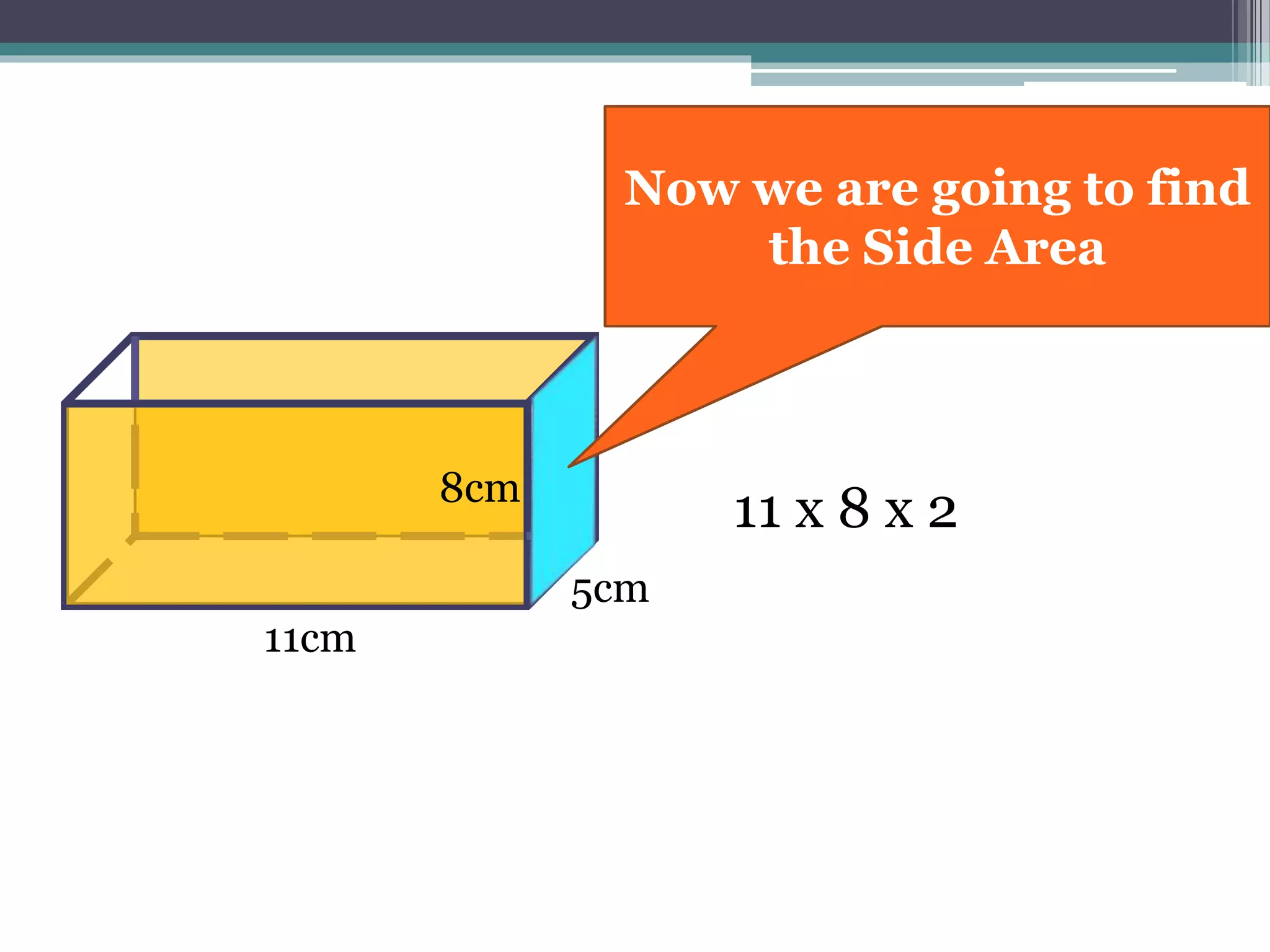 11cm
8cm
5cm
11 x 8 x 2
Now we are going to find
the Side Area
 