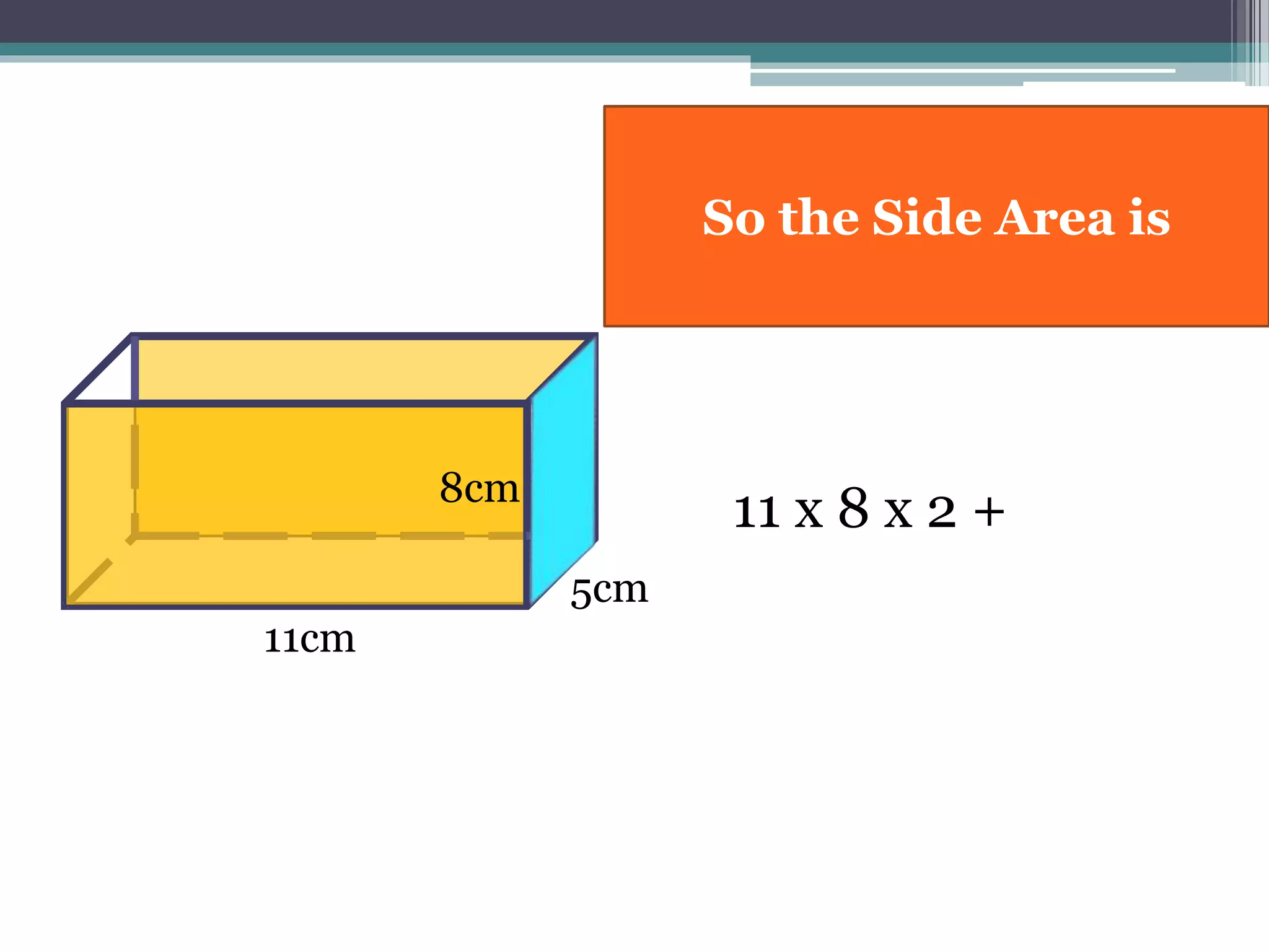 11cm
8cm
5cm
11 x 8 x 2 +
So the Side Area is
 