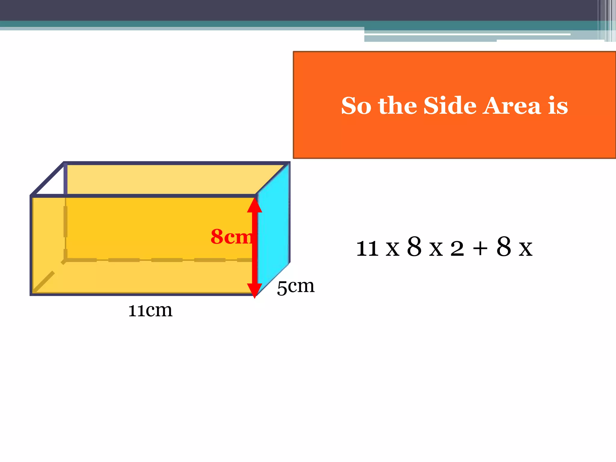 11cm
8cm
5cm
11 x 8 x 2 + 8 x
So the Side Area is
 