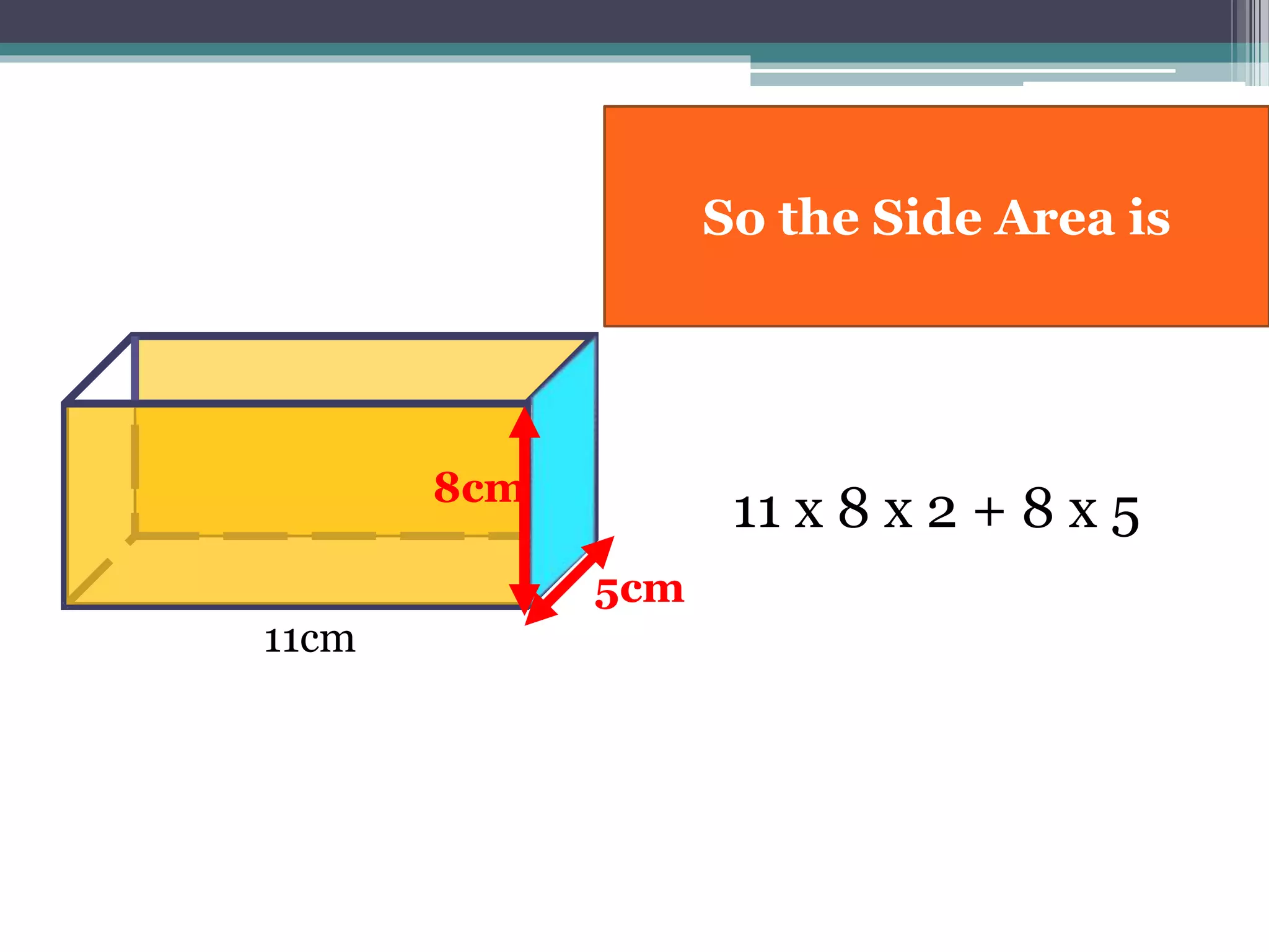 11cm
8cm
5cm
11 x 8 x 2 + 8 x 5
So the Side Area is
 