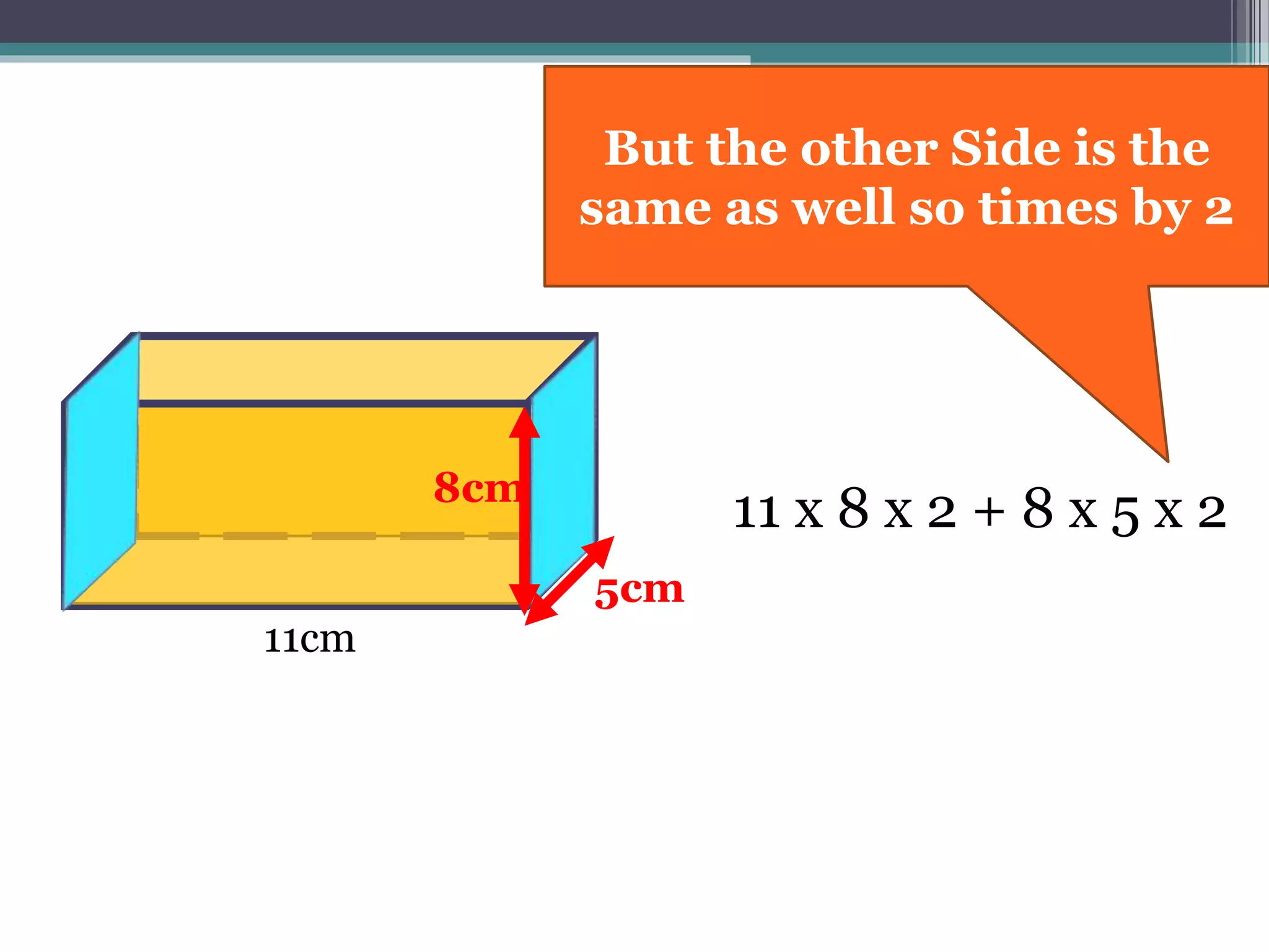 11cm
8cm
5cm
11 x 8 x 2 + 8 x 5 x 2
But the other Side is the
same as well so times by 2
 