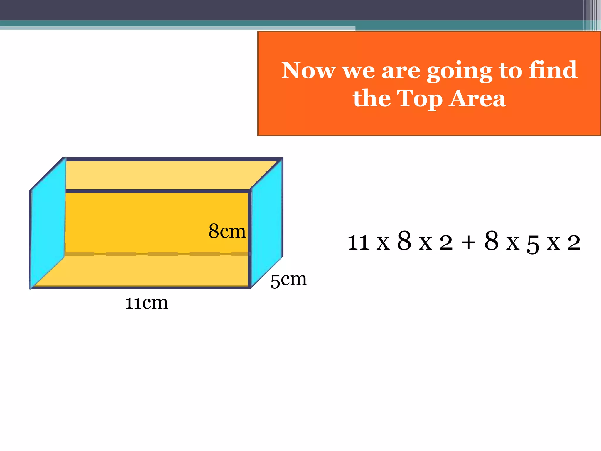 11cm
8cm
11 x 8 x 2 + 8 x 5 x 2
5cm
Now we are going to find
the Top Area
 