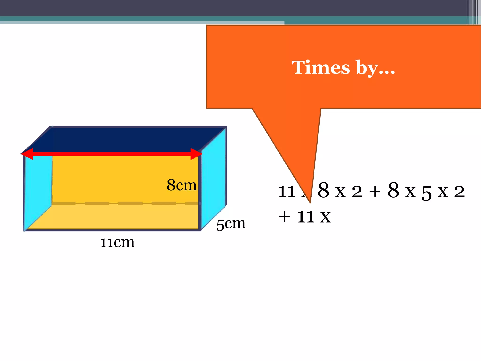 11cm
8cm 11 x 8 x 2 + 8 x 5 x 2
+ 11 x5cm
Times by…
11cm
 