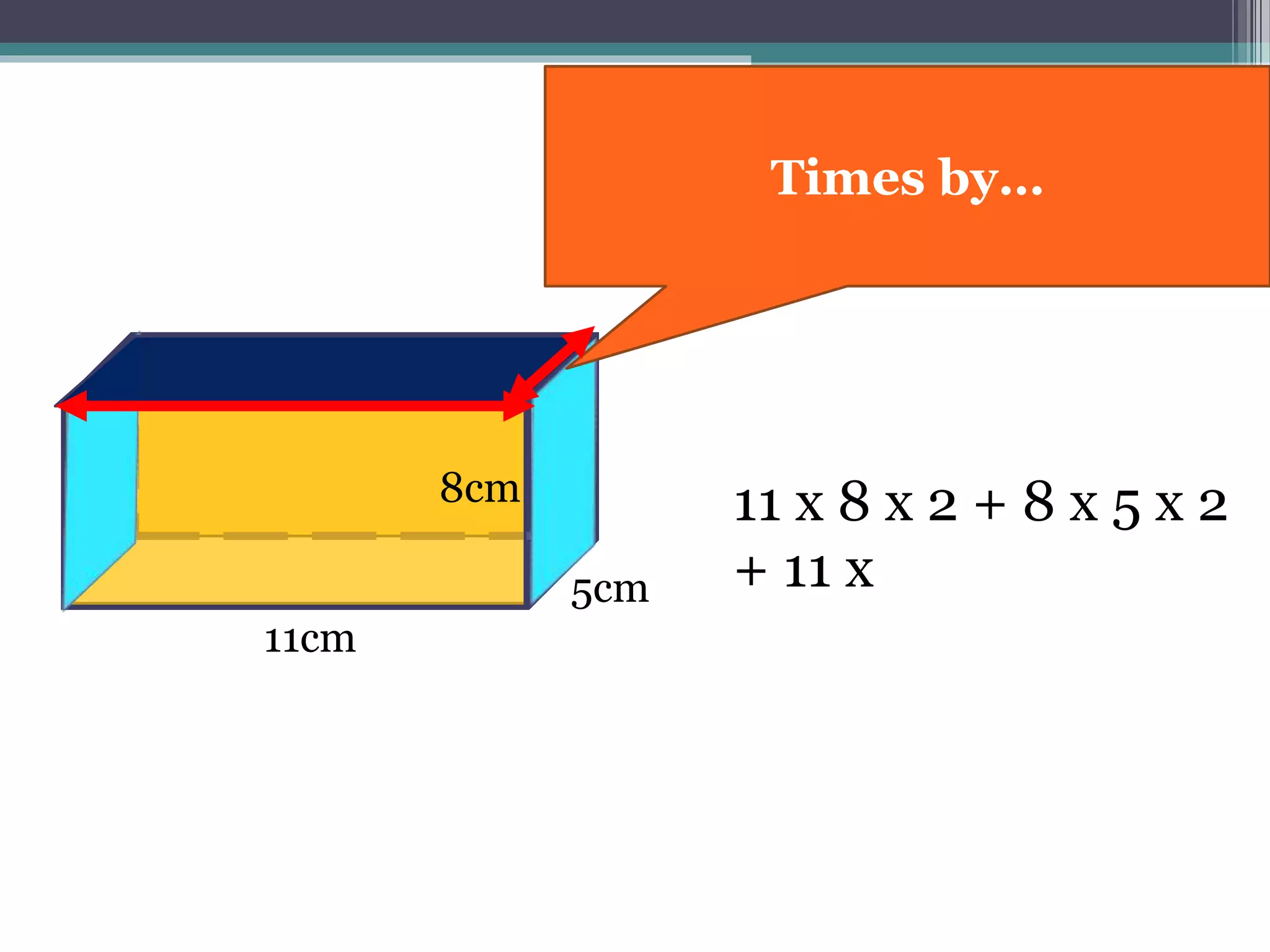 11cm
8cm 11 x 8 x 2 + 8 x 5 x 2
+ 11 x5cm
Times by…
11cm
 