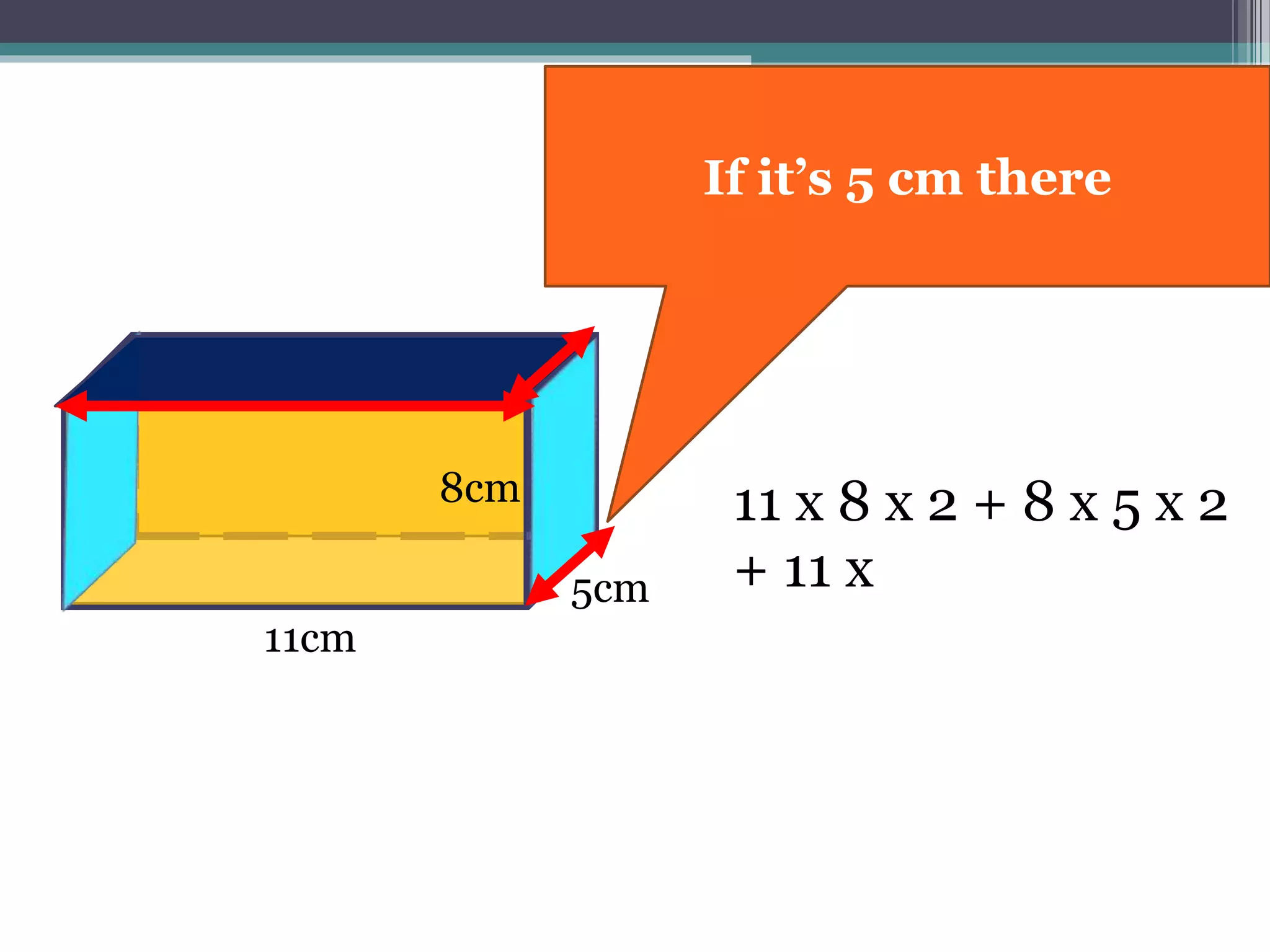 11cm
8cm 11 x 8 x 2 + 8 x 5 x 2
+ 11 x5cm
If it’s 5 cm down there
11cm
 