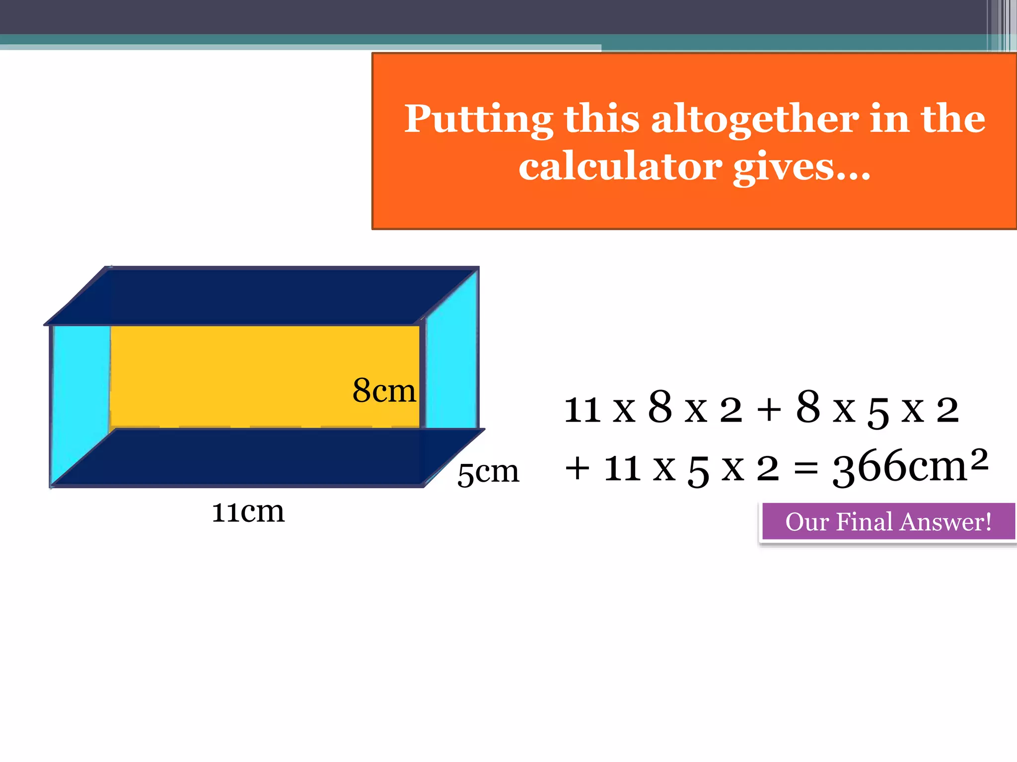11cm
8cm
11 x 8 x 2 + 8 x 5 x 2
+ 11 x 5 x 2 = 366cm²5cm
Putting this altogether in the
calculator gives…
Our Final Answer!
11cm 5cm
 
