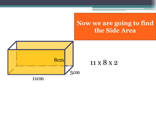 11cm
8cm
5cm
11 x 8 x 2
Now we are going to find
the Side Area
 