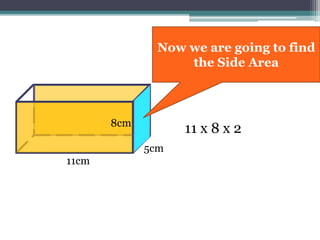 11cm
8cm
5cm
11 x 8 x 2
Now we are going to find
the Side Area
 