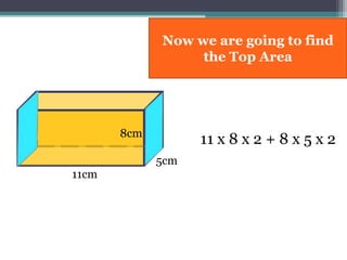 11cm
8cm
11 x 8 x 2 + 8 x 5 x 2
5cm
Now we are going to find
the Top Area
 