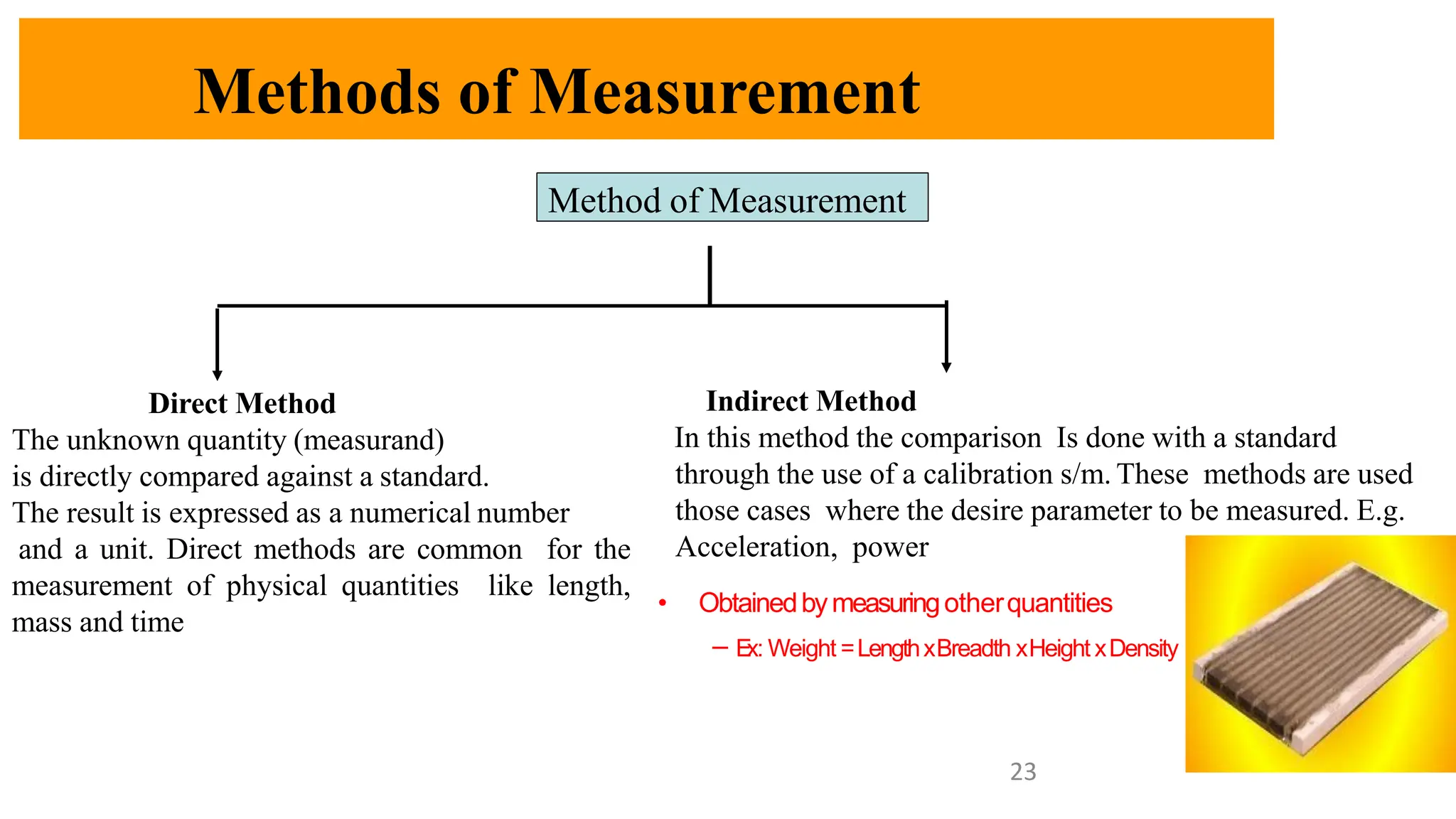 Methods of Measurement
Direct Method
The unknown quantity (measurand)
is directly compared against a standard.
The result is expressed as a numerical number
and a unit. Direct methods are common for the
measurement of physical quantities like length,
mass and time
Indirect Method
In this method the comparison Is done with a standard
through the use of a calibration s/m. These methods are used
those cases where the desire parameter to be measured. E.g.
Acceleration, power
Method of Measurement
23
• Obtainedbymeasuringotherquantities
– E
x: Weight =LengthxBreadth xHeight xDensity
 