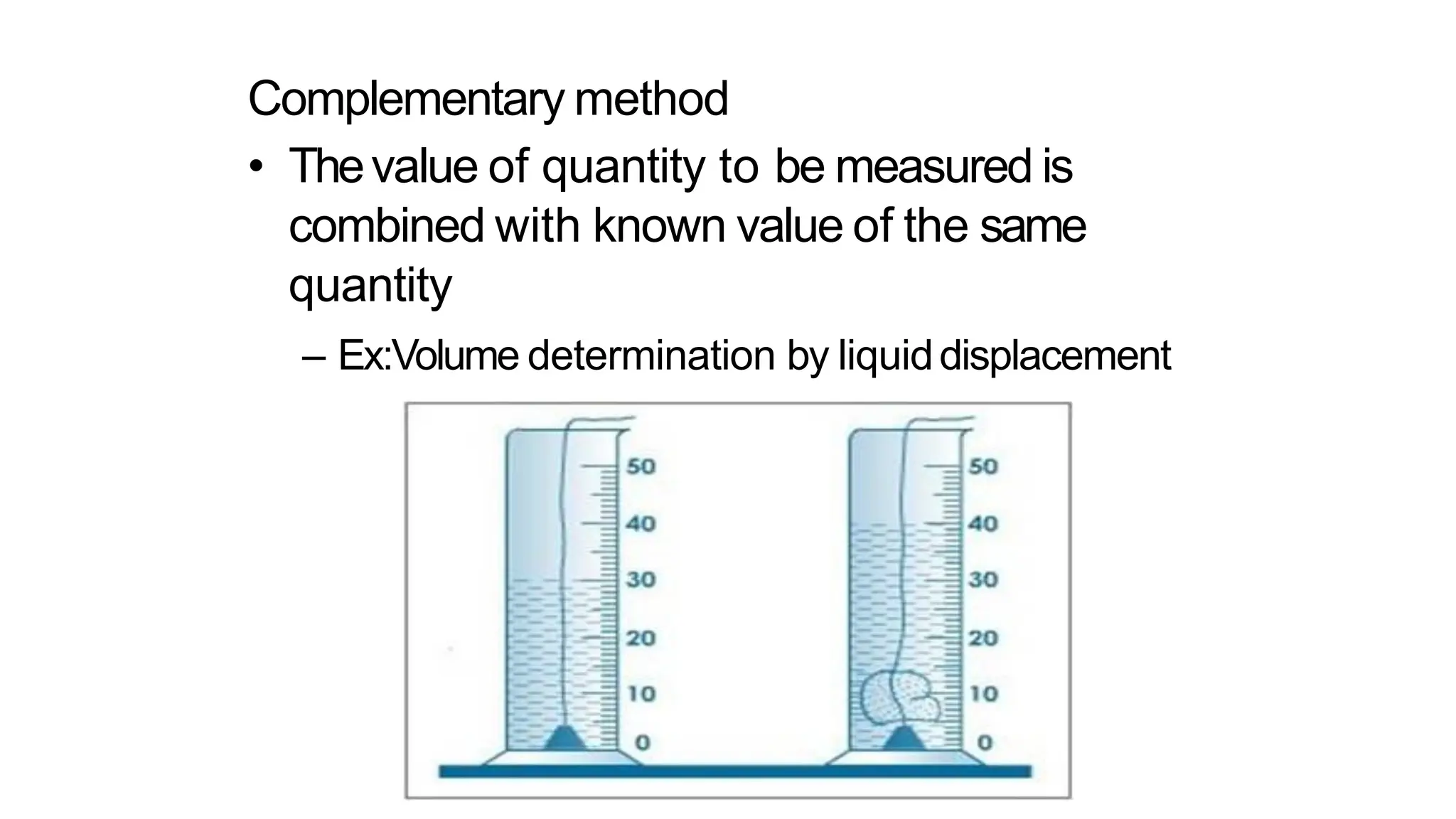 Complementary method
• Thevalue of quantity to be measured is
combined with known value of the same
quantity
– Ex:Volume determination by liquiddisplacement
 