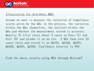 Illustration for Attribute R&R: Assume we want to measure the variation of Compliance scores given by the QAs in the process, the variation within the QAs themselves, the outliers within the QAs and whether the measurement system is accurate. Quality TL first rates about 3 cases as Pass (1) and Fail (0) and plonks it on an xls.  3 QAs then rate 25 cases twice and record it as QA1O1, QA1O2, QA2O1, QA2O2, QA3O1, QA3O2. Confidence Interval is 95% Find the above results using MSA through Minitab? 