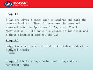 Step 1:   3 QAs are given 3 cases each to analyze and mark the case on Quality.  These 3 cases are the same and assessed twice by Appraiser 1, Appraiser 2 and Appraiser 3  .  The cases are scored in isolation and without discussion amongst the QAs Step 2: Enter the case score recorded in Minitab worksheet as attached herein: Step 3:  Identify Gage to be used – Gage R&R as continuous data 