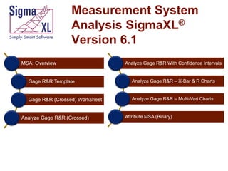 Measurement System
Analysis SigmaXL®
Version 6.1
MSA: Overview

Analyze Gage R&R With Confidence Intervals

Gage R&R Template

Analyze Gage R&R – X-Bar & R Charts

Gage R&R (Crossed) Worksheet

Analyze Gage R&R – Multi-Vari Charts

Analyze Gage R&R (Crossed)

Attribute MSA (Binary)

 