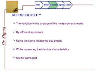 SixSigma
REPRODUCIBILITY
 The variation in the average of the measurements made
 By different appraisers
 Using the same measuring equipment.
 While measuring the identical characteristics
 On the same part
 