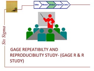 SixSigma
GAGE REPEATIBILTY AND
REPRODUCIBILITY STUDY- (GAGE R & R
STUDY)
 