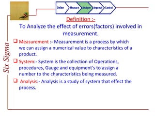 SixSigma
Definition :-
To Analyze the effect of errors(factors) involved in
measurement.
 Measurement :- Measurement is a process by which
we can assign a numerical value to characteristics of a
product.
 System:- System is the collection of Operations,
procedures, Gauge and equipment's to assign a
number to the characteristics being measured.
 Analysis:- Analysis is a study of system that effect the
process.
 