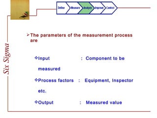 SixSigma
The parameters of the measurement process
are
Input : Component to be
measured
Process factors : Equipment, Inspector
etc.
Output : Measured value
 