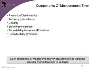Components Of Measurement Error
•
•
•
•
•
•

Resolution/Discrimination
Accuracy (bias effects)
Linearity
Stability (consistency)
Repeatability-test-retest (Precision)
Reproducibility (Precision)

Each component of measurement error can contribute to variation,
causing wrong decisions to be made
© 2001 Six Sigma Academy

16

 