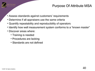 Purpose Of Attribute MSA
•
•
•
•
•

Assess standards against customers’ requirements
Determine if all appraisers use the same criteria
Quantify repeatability and reproducibility of operators
Identify how well measurement system conforms to a “known master”
Discover areas where:
• Training is needed
• Procedures are lacking
• Standards are not defined

© 2001 Six Sigma Academy

40

 