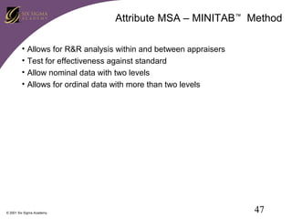 Attribute MSA – MINITAB™ Method
•
•
•
•

Allows for R&R analysis within and between appraisers
Test for effectiveness against standard
Allow nominal data with two levels
Allows for ordinal data with more than two levels

© 2001 Six Sigma Academy

47

 