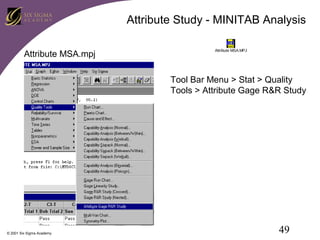 Attribute Study - MINITAB Analysis
Attribute MSA.mpj

Attribute MSA.MPJ

Tool Bar Menu > Stat > Quality
Tools > Attribute Gage R&R Study

© 2001 Six Sigma Academy

49

 