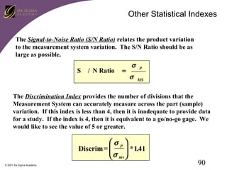 Other Statistical Indexes
The Signal-to-Noise Ratio (S/N Ratio) relates the product variation
to the measurement system variation. The S/N Ratio should be as
large as possible.

S

/ N Ratio

=

σ
σ

P
MS

The Discrimination Index provides the number of divisions that the
Measurement System can accurately measure across the part (sample)
variation. If this index is less than 4, then it is inadequate to provide data
for a study. If the index is 4, then it is equivalent to a go/no-go gage. We
would like to see the value of 5 or greater.

σ p
Discrim= 
 σ  * 1.41

 ms 
© 2001 Six Sigma Academy

90

 