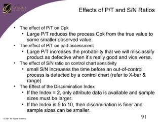 Effects of P/T and S/N Ratios
• The effect of P/T on Cpk

• Large P/T reduces the process Cpk from the true value to
some smaller observed value.
• The effect of P/T on part assessment

• Large P/T increases the probability that we will misclassify
product as defective when it’s really good and vice versa.
• The effect of S/N ratio on control chart sensitivity

• small S/N increases the time before an out-of-control
process is detected by a control chart (refer to X-bar &
range)
• The Effect of the Discrimination Index

• If the Index = 2, only attribute data is available and sample
sizes must be larger.
• If the Index is 5 to 10, then discrimination is finer and
sample sizes can be smaller.
© 2001 Six Sigma Academy

91

 